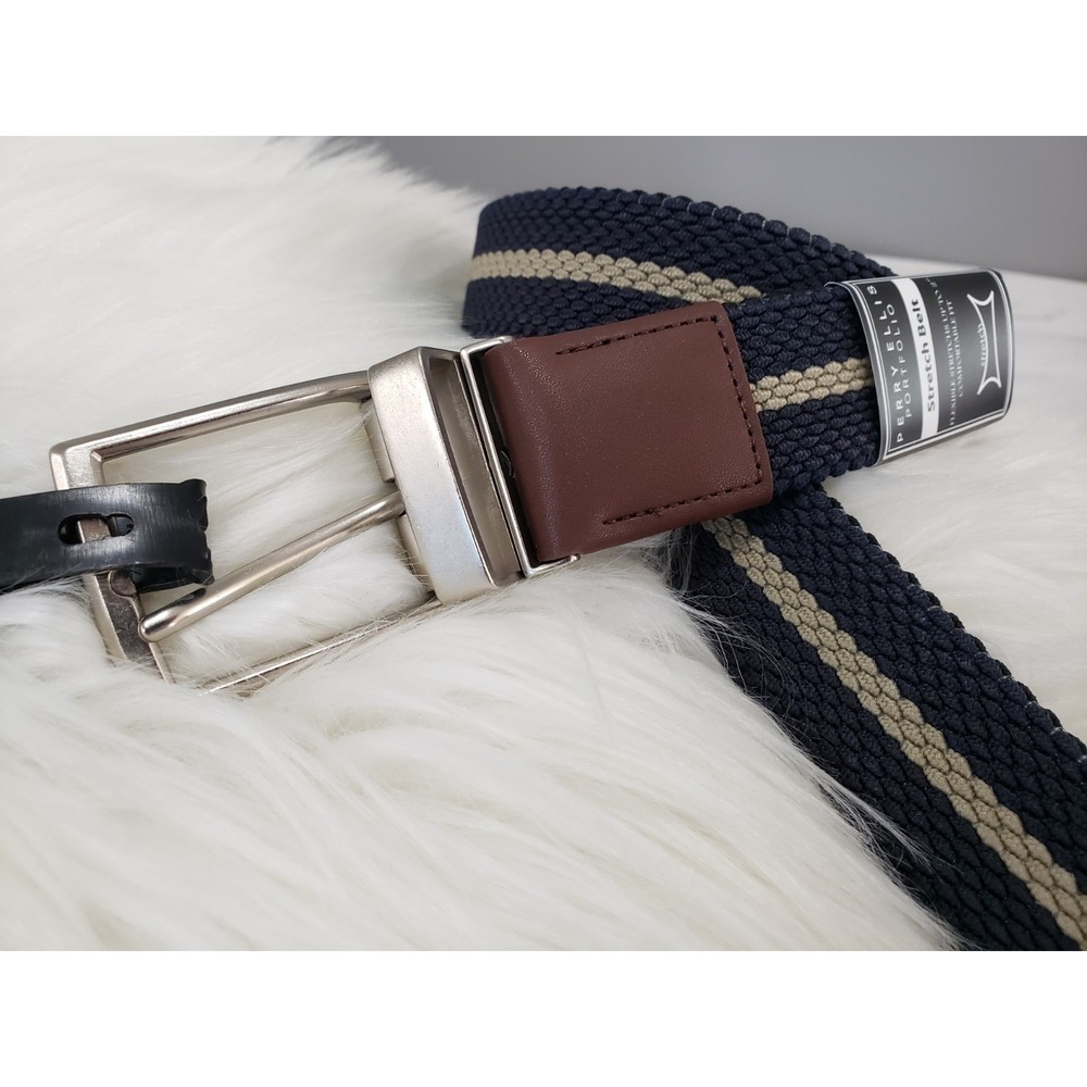 NEW SIZE 30 REVERSIBLE Perry Ellis Mens Canvas BLACK BLUE STretch belt golf prep
